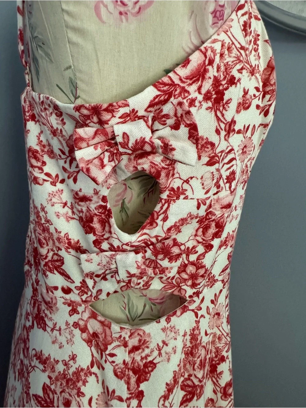 Wayf Red and Cream Floral Print Midi Dress with Cutout and Bow Details